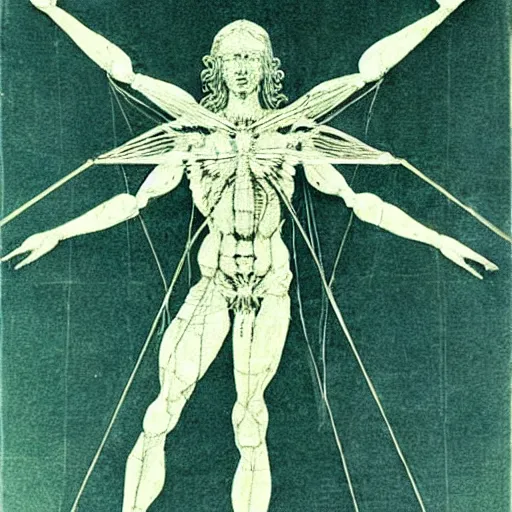 Image similar to blue print of tooth fairy, vitruvian man, leonardo da vinci