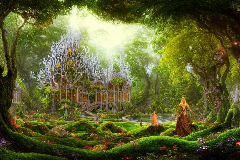 Image similar to a beautiful and highly detailed digital painting of an elven palace in a beautiful garden in a mystical forest, lothlorien, psychedelic patterns, celtic designs, intricate details, epic scale, hyperdetailed, hyperrealism,, artstation, cgsociety, 8 k, sharp focus, by caspar friedrich, albert bierstadt, james gurney, brian froud,