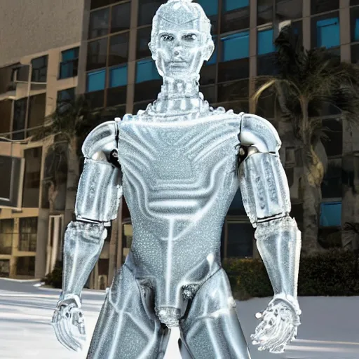 Image similar to made of ice, a realistic detailed photo of a guy who is an attractive humanoid who is half robot and half humanoid, who is a male android, on display, blank stare, showing off his muscles, shiny skin, posing like a statue, by the pool, frozen ice statue, twitch streamer / gamer ludwig, humanoid robot