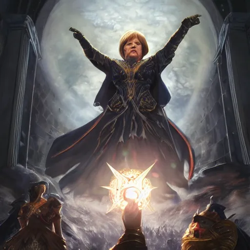 Image similar to Angela Merkel casting epic spell, magic the gathering artwork, D&D, fantasy, cinematic lighting, centered, symmetrical, highly detailed, digital painting, artstation, concept art, smooth, sharp focus, illustration, volumetric lighting, epic Composition, 8k, art by Akihiko Yoshida and Greg Rutkowski and Craig Mullins, heroic pose, oil painting, cgsociety, magic lab background