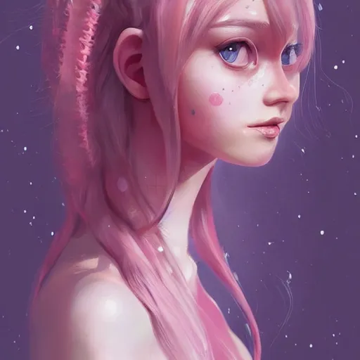 Prompt: girl portrait, elven princess, head and shoulders, matte print, pastel pink, digital art, cute freckles, digital painting, fan art, elegant, pixiv, by Ilya Kuvshinov, daily deviation, IAMAG