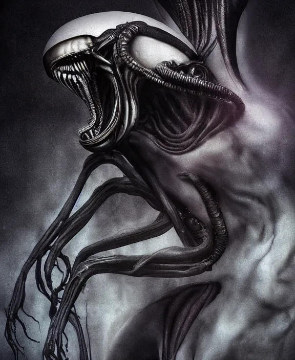 Image similar to xenomorph hugging pale sad beauty merging, dark mist colors, giger background liminal void, digital art, cinematic lighting, realistic, award winning photograph, various refining methods, micro macro autofocus