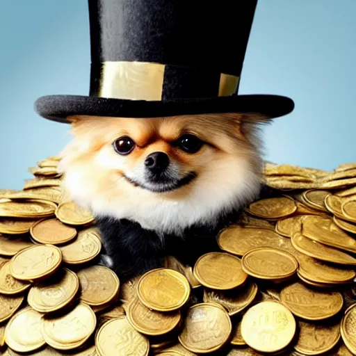 Image similar to A pomeranian wearing a top-hat and a monocle, sitting on top of a large pile of gold coins