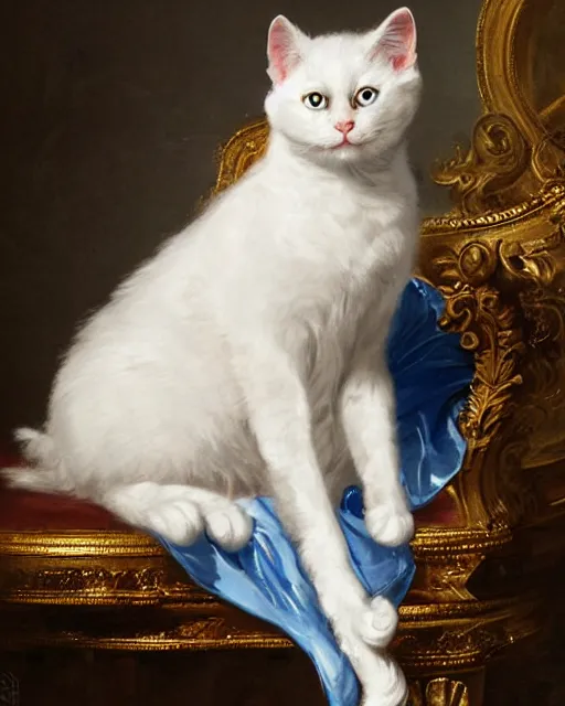 Image similar to cute white cat with blue eyes wearing frilly dress, baroque rococo fashion, royal portrait, elegant, regal, joseph ducreux, greg rutkowski