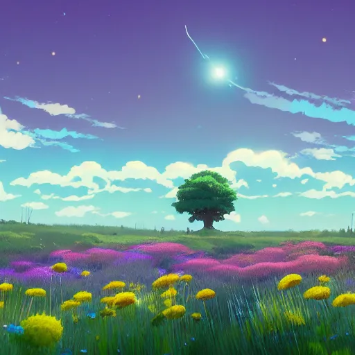 Prompt: macroshot big flower boutons, field of flowers with single pine tree at horizon, single big stormy cloud in blue sky, particles, shiny, bokeh effect, Studio Ghibli, animated, illustrated, vibrant, by Greg Rutkowski and Ilya Kuvshinov, artstation, oil painting, detailed, 4k, colorfull