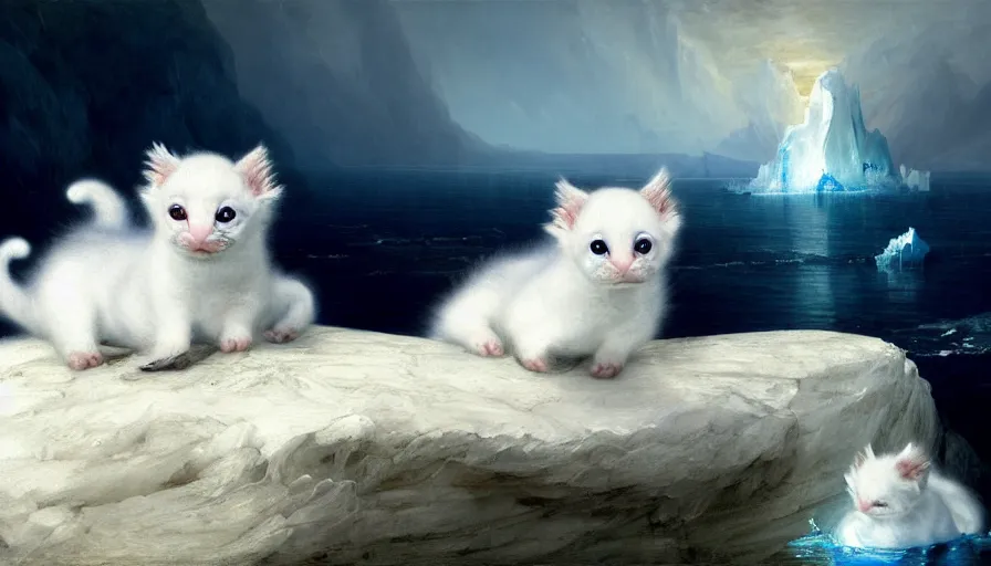 Prompt: highly detailed painting of white cute baby seal furry dragon kitten pandas on a blue and white iceberg by william turner, by greg rutkowski, by william constable, thick brush strokes and visible paint layers, 4 k resolution