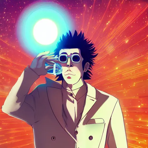 Image similar to A man drinking a cup of cosmic energy bright light by Masafumi Harada, 4k, digital art, surreal, anime style, space dandy style, highly detailed, godsend, artstation