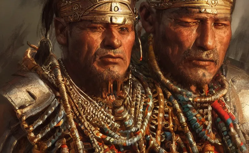 Image similar to aztec king betrayed by his people, game character concept art, close up high detailed, full perfect, detailed faces, symmetrical portrait, high detail, by craig mullins, peter mohrbacher, unreal engine, octane rendered, 8 k, dark beauty, trending on artstation