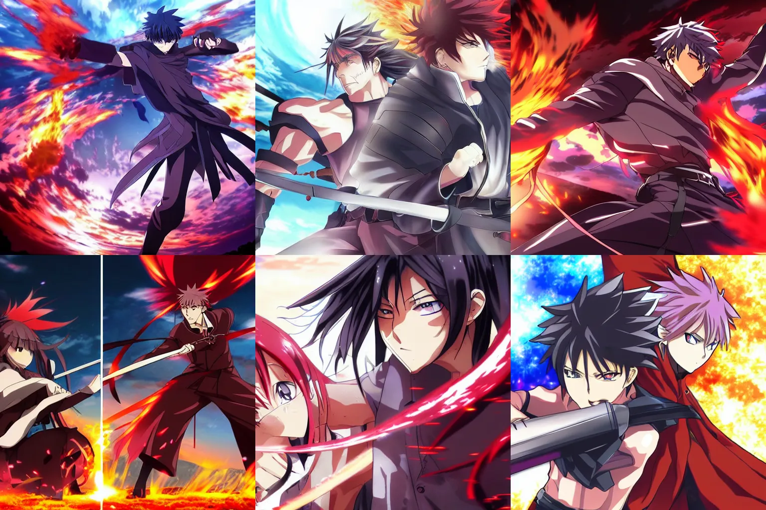 Prompt: intense anime battle, fiery battlefield, art by anime studio ufotable.