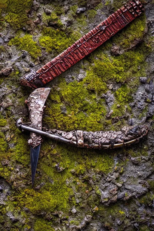 Prompt: a portrait of a rusty sword half embedded in a rock, rust and corrosion, moss and vegetation, ancient forest, excalibur, close - up, intricate details, intricately detailed textures, warm lighting, vivid colors, smoke and mist, hyper realistic octane render, volumetric shading, depth of field, raytracing, 8 k,