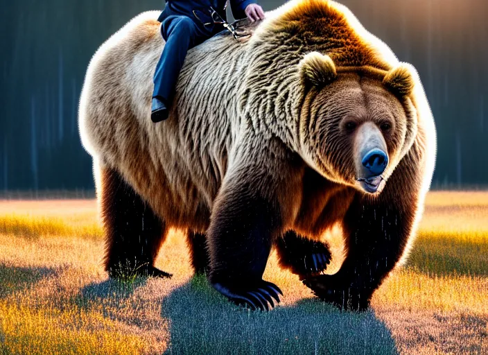 Prompt: portrait photo of putin riding his grizzly bear to work at dawn. fantasy magic style. highly detailed 8 k. intricate. lifelike. soft light. sony a 7 r iv 5 5 mm. cinematic post - processing.