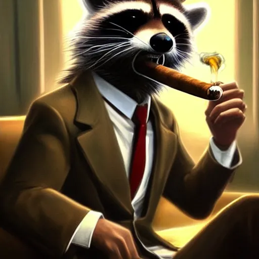 Image similar to a racoon wearing a suit smoking a cigar on his mouth, dramatic lighting, cinematic, establishing shot, extremly high detail, photorealistic, cinematic lighting, artstation, style by James Gurney