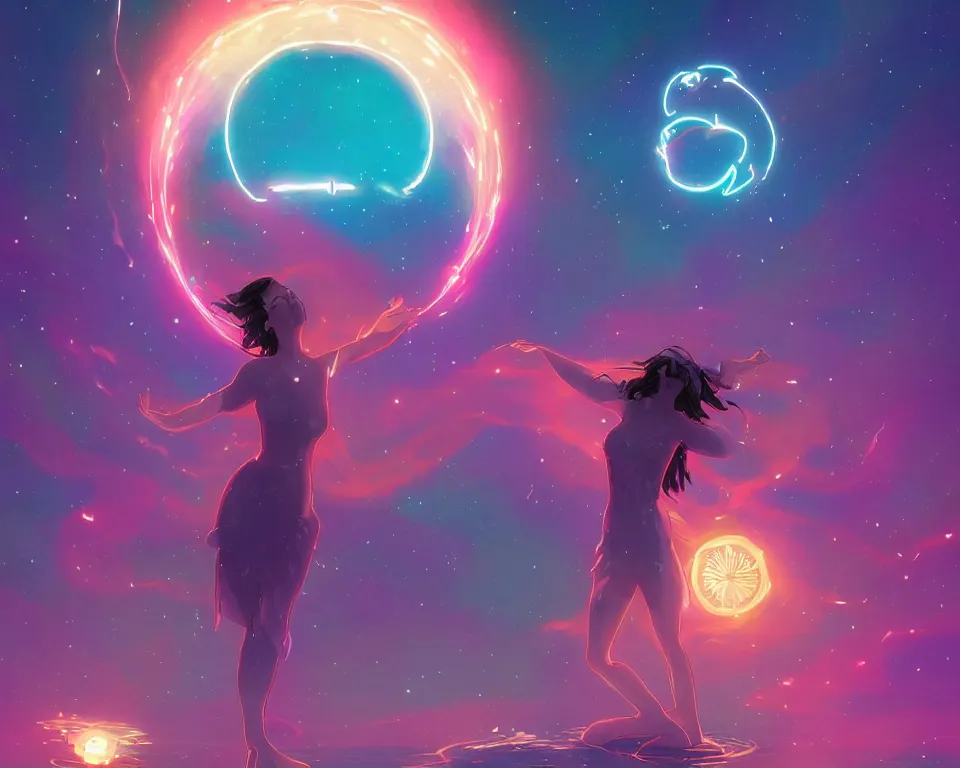 Prompt: a beautiful whimsical goddess floating above a lake basking in the moonlight, firebending, underneath a multi-colored binary blackhole with an accretion disc, glowing trails following her arms, wearing professional makeup, synthwave, by Lois van Baarle, by Greg Rutkowski, by artgerm, by beeple, by studio ghibli, cinematic angle, volumetric lighting, 4k resolution, octane render, trending on artstation, masterpiece