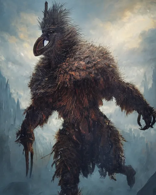 Prompt: oil painting of Angry Anthropomorphized Ostrich Berserker, wearing fur armor, claws, sharp focus, attack pose, fantasy style, octane render, volumetric lighting, 8k high definition, by greg rutkowski, highly detailed, trending on art Station, magic the gathering artwork, burning Battlefield background, centered