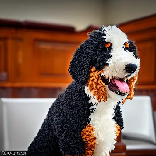 Image similar to a closeup photorealistic photograph of a cute smiling knitted bernedoodle judge dog dressed in a black gown, presiding over the courthouse. indoors, professional capture, well lit shot. this 4 k hd image is trending on artstation, featured on behance, well - rendered, extra crisp, features intricate detail, epic composition and the style of unreal engine.