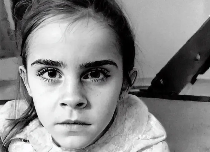 Image similar to professional fine detailed photo portrait of young emma watson from makhachkala, dagestan. kid emma watson in the postsoviet suburbia, iphone photo, instagram, black and white - - cfg _ scale 7