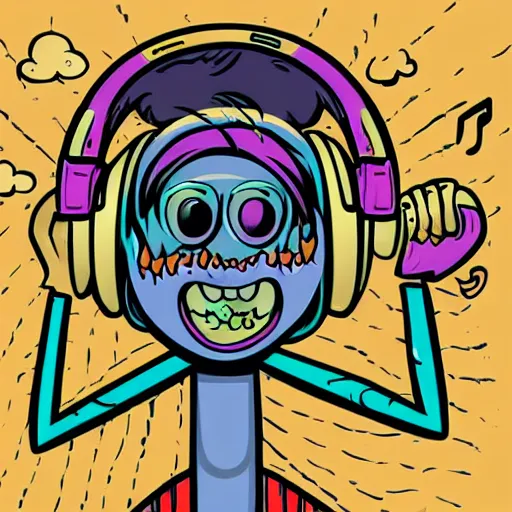 Prompt: pop - wonder - nft demon listening to music, giant speakers, headphones, the goopy - muck hand - drawn vector, svg, by artist todd macfarlane, amazing comic - style - pen - and - ink - with - full - color, cult - classic - comic - style