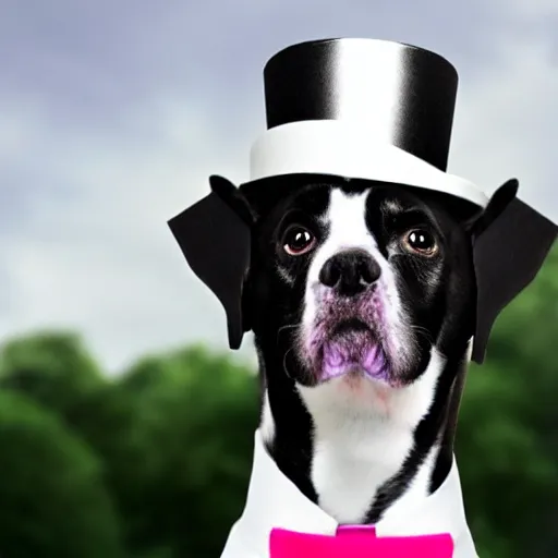 Image similar to a purple dog wearing a white top hat