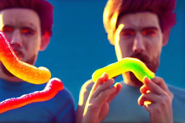 Image similar to two men eating one big gummy worm, rtx, sunlight, many details, octane render, high quality, 8 k