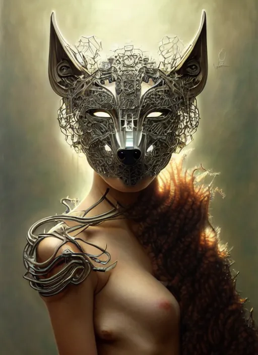 Prompt: organic cyborg, wolf mask opening to reveal radiant beautiful face, diffuse lighting, fantasy, intricate, elegant, highly detailed, lifelike, photorealistic, digital painting, artstation, illustration, concept art, smooth, sharp focus, art by John Collier and Albert Aublet and Krenz Cushart and Artem Demura and Alphonse Mucha