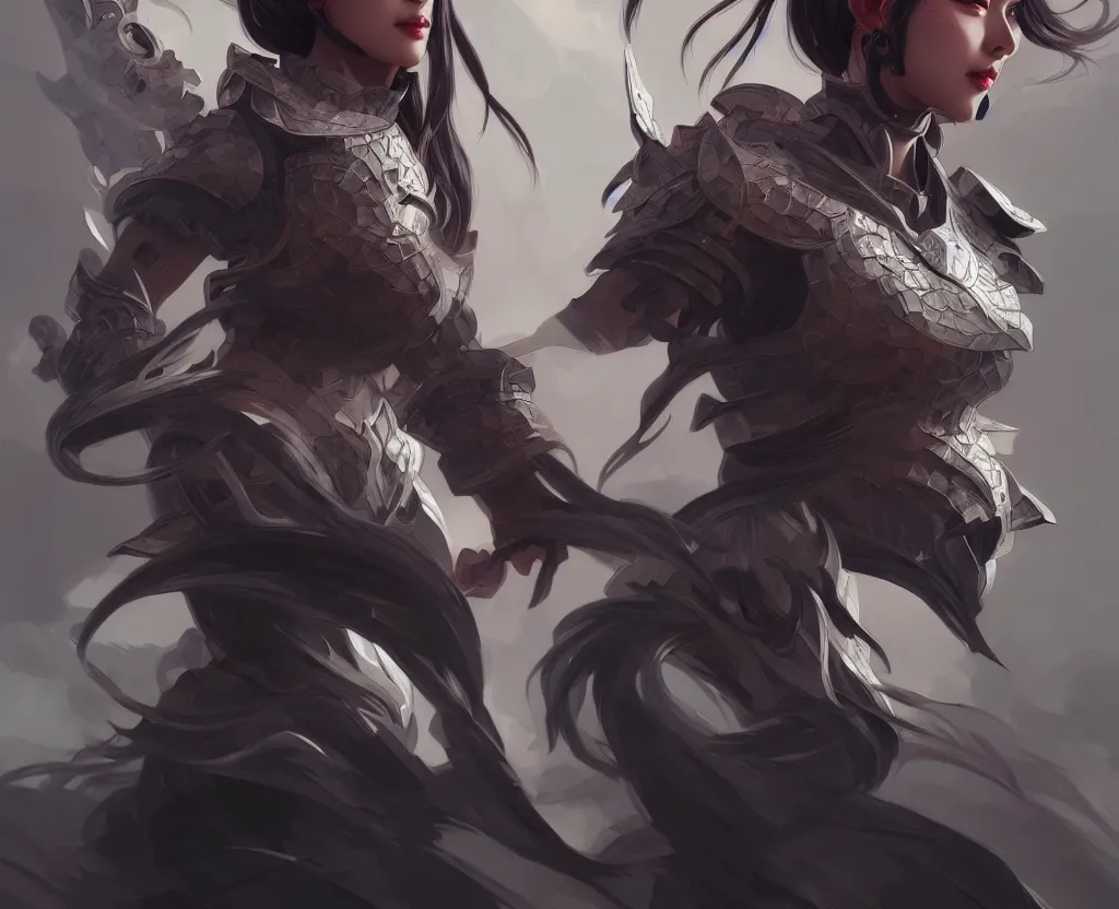 Image similar to portrait hero action pose of futuristicfemale knights of zodiac, dark grey hair, abstract chinese dragon concept art, d & d, highly detailed, digital painting, artstation, sharp focus, illustration, art by tan zi and ayanamikodon and alphonse mucha and wlop