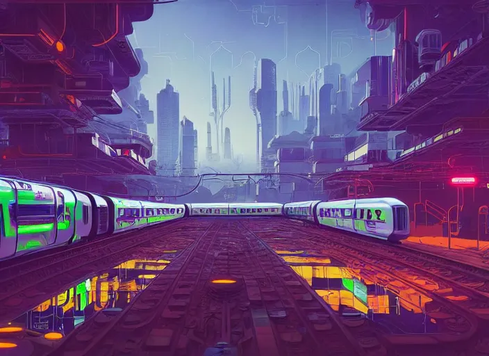 Image similar to a luminescent cyberpunk train by paolo eleuteri serpieri and tomer hanuka and chesley bonestell and daniel merriam and tomokazu matsuyama, unreal engine, high resolution render, featured on artstation, octane, 8 k, highly intricate details, vivid colors, vector illustration