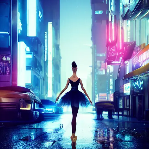 Image similar to professional photo of ballerina on cyberpunk street, synthwave, blade runner 2 0 4 9, hyperrealistic masterpiece, trending on artstation, cgsociety, kodakchrome, golden ratio, cinematic, composition, beautiful lighting, hyper detailed, sharp focus, octane render, 4 k, unreal engine