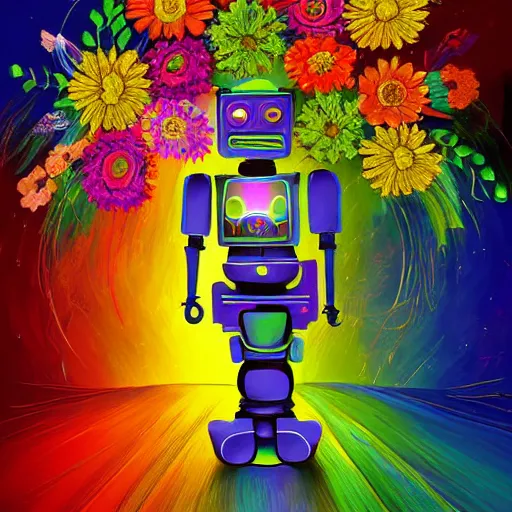 Image similar to a dramatically lit brightly colored detailed painting of a robot with flowers growing out of its head with a rainbow background, digital art