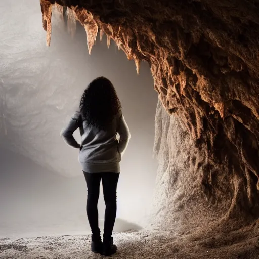 Image similar to back view of a curly long haired woman wearing grey hoodie discovering a red dragon in a cave