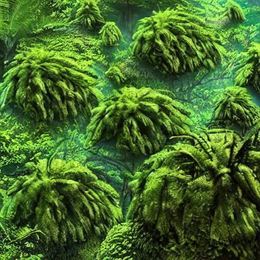 Image similar to ginormous single celled slime amoeba in a dense jungle made of giant trees and dense foliage