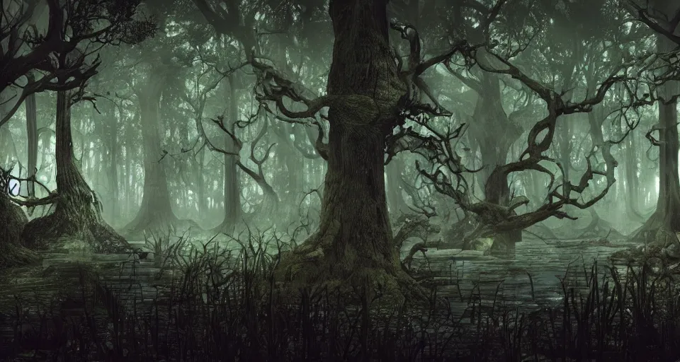 Image similar to A dense and dark enchanted forest with a swamp, from Final fantasy