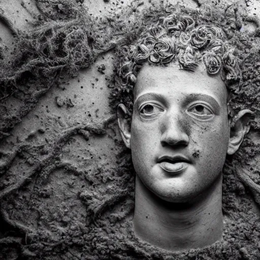 Image similar to Award-winning photograph by Mar Mann. The photo depicts a decaying roman bust of Mark Zuckerberg overgrown with moss at the bottom of the sea in the middle of ruins of civilization. Minimalism, high definition, perfect composition. Deep sea picture. Very dark. Volumetric Lighting. Fish. Darkness. Ruins
