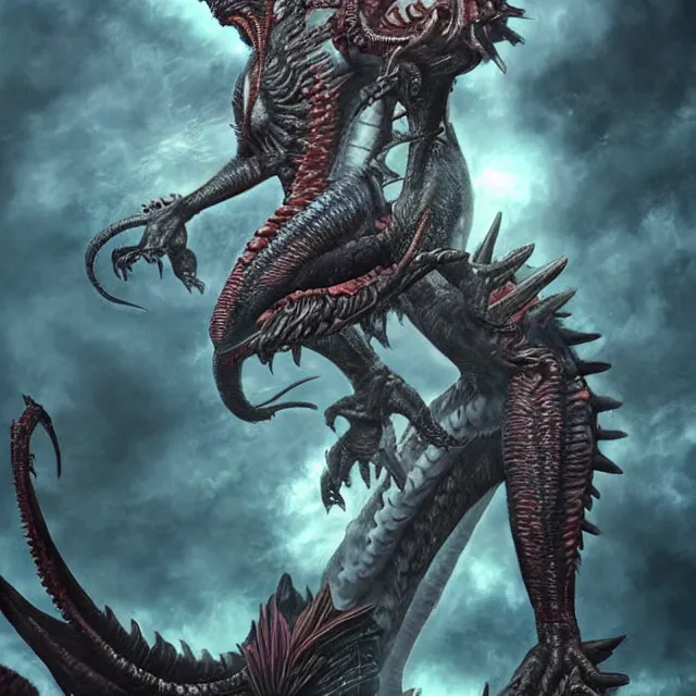 Image similar to a monstrous feminine humanoid fusion of a dragon, godzilla, and a xenomorph trending on artstation deviantart pinterest detailed hyper detailed photorealistic hd 8 k post - processing high resolution