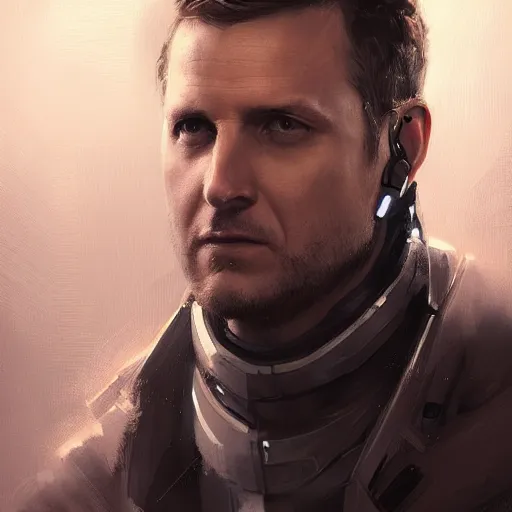 Image similar to portrait of a man by greg rutkowski, he looks like gabriel macht with cybernetic eyes, wearing a futuristic flying jacket, highly detailed portrait, scifi, digital painting, artstation, concept art, smooth, sharp foccus ilustration, artstation hq