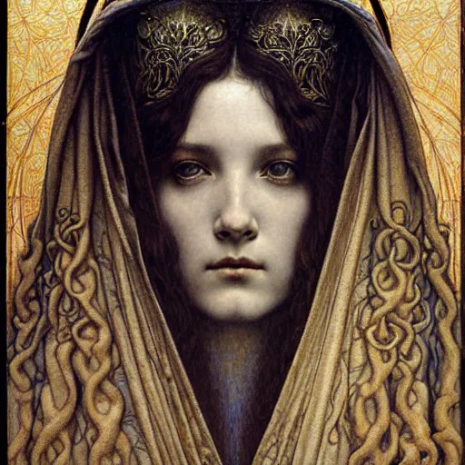 Image similar to detailed realistic beautiful young medieval queen face portrait by jean delville, gustave dore and marco mazzoni, art nouveau, symbolist, visionary, gothic, pre - raphaelite. horizontal symmetry