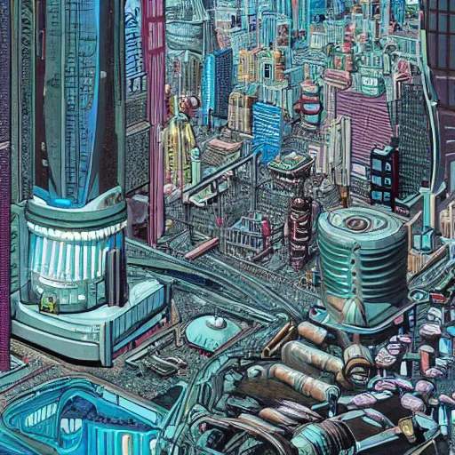 Image similar to highly detailed illustration of a sci fi city, juxtapoz magazine