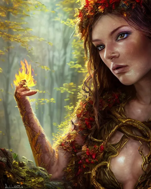 Image similar to portrait high definition photograph cute girl holding a fire fantasy character art, hyper realistic, pretty face, hyperrealism, iridescence water elemental, snake skin armor forest dryad, woody foliage, 8 k dop dof hdr fantasy character art, by aleski briclot and alexander'hollllow'fedosav and laura zalenga