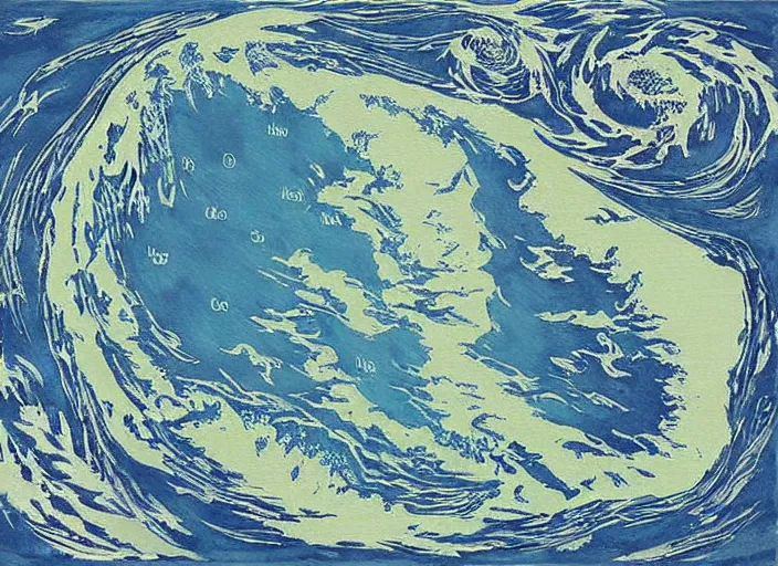 Prompt: ocean map depicting storms and whirlpools in the form of the blustering blast by charles simic