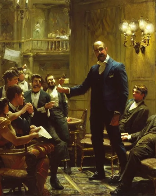 Image similar to a handsome man rehearsing shakespeare to a room full of businessmen, painting by gaston bussiere, craig mullins, j. c. leyendecker