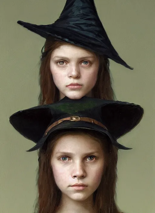 Prompt: a portrait of a thirteen year old girl with brown hair and a stern expression. she is wearing a green dress and a black pointed witch hat. beautiful painting with highly detailed face by greg rutkowski and raymond swanland