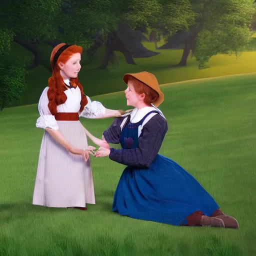 Image similar to A 3D rendering of anne of green gables from the show anne with an e, tucking a person in bed