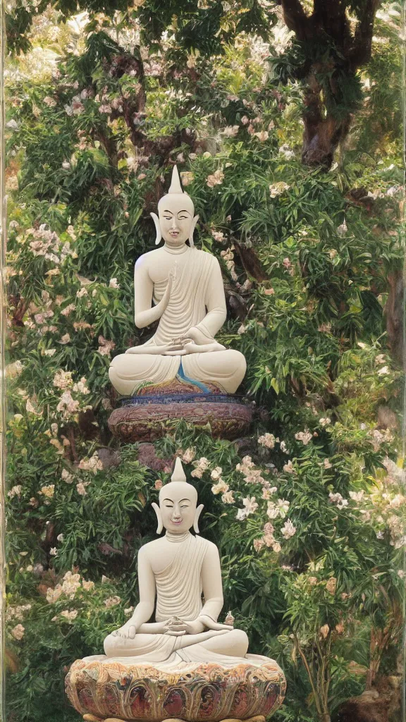 Prompt: a huge buddhism rabbit statue beside a persian pot in botanical room by john singer sargent