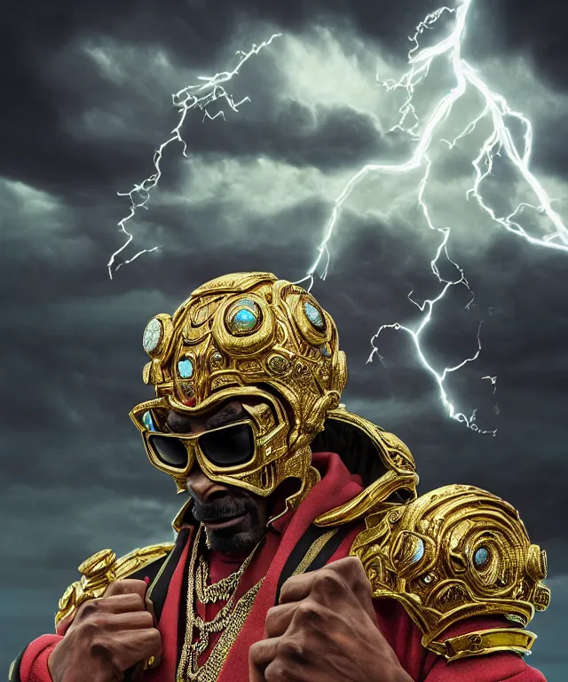 Image similar to hyperrealistic rendering, epic boss battle, ornate supreme snoop dogg, jewel crown, battle armor, by art of skinner and richard corben and artgerm and greg rutkowski and alphonse mucha, product photography, action figure, sofubi, storm clouds, outside, lightning