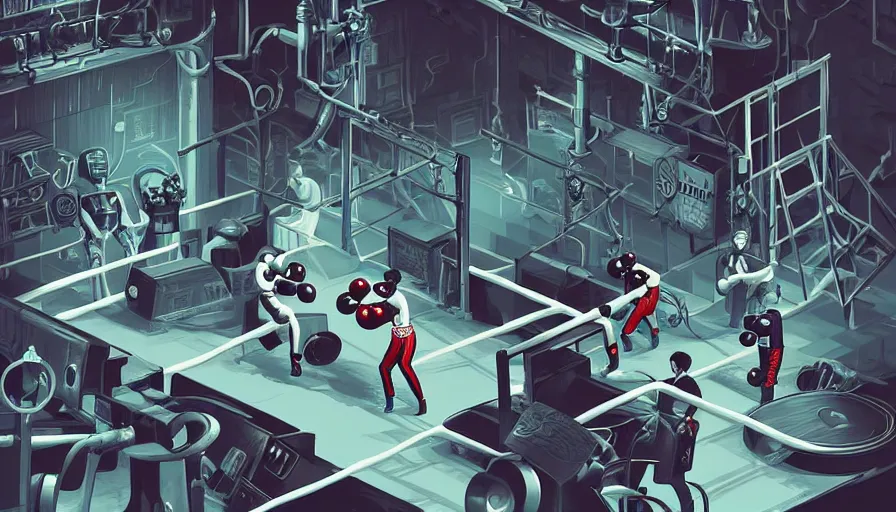 Image similar to a beautiful highly detailed vector illustration close up of a boxing match with robots in a factory, punk styling by atay ghailan, cliff chiang, loish and goro fujita, silver, silver, brown, black, blue and cyan tones, featured on artstation, featured on behance, grunge aesthetic