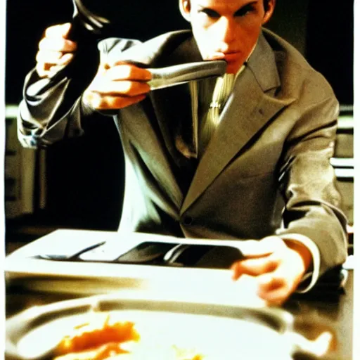 Image similar to Humanoid pasta as The American Psycho, cinematic still