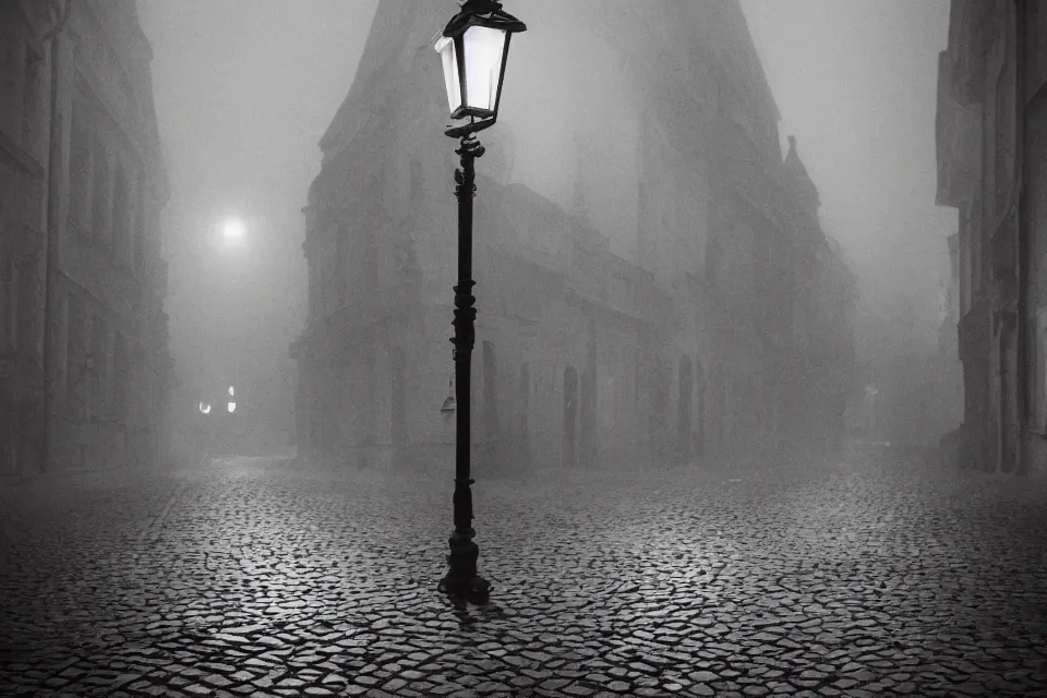 Prompt: wet plate, empty night along cobblestone street in vienna, night time, alone, lamplight, victorian era, depth of field, very detailed, fog, highly accurate, intricate