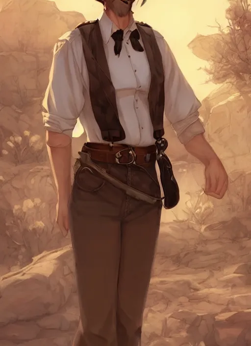 Image similar to beautiful portrait commission of a male furry anthro timber wolf old-timey Sherriff wearing white dress shirt with suspenders in an old-timey desert town. Atmospheric. Character design by charlie bowater, ross tran, artgerm, and makoto shinkai, detailed, inked, western comic book art