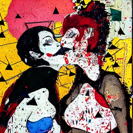 Prompt: two vampire women kissing at a carnival, mixed media collage, retro, paper collage, magazine collage, acrylic paint splatters, bauhaus, abstract claymation, layered paper art, sapphic visual poetry expressing the utmost of desires by jackson pollock