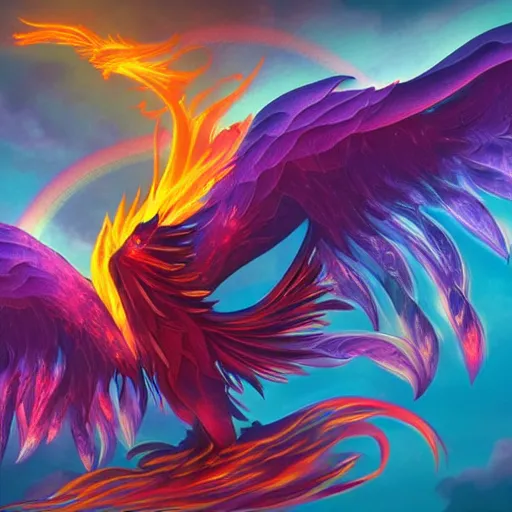 Prompt: artwork of a phoenix composed by flames, highly detailed, artstation, rainbow colors, night sky background, smooth illustration, digital art, unreal engine