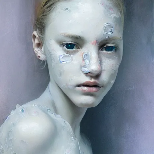 Prompt: ghostly beautiful female portrait in detail in oil paint in white by james jean,